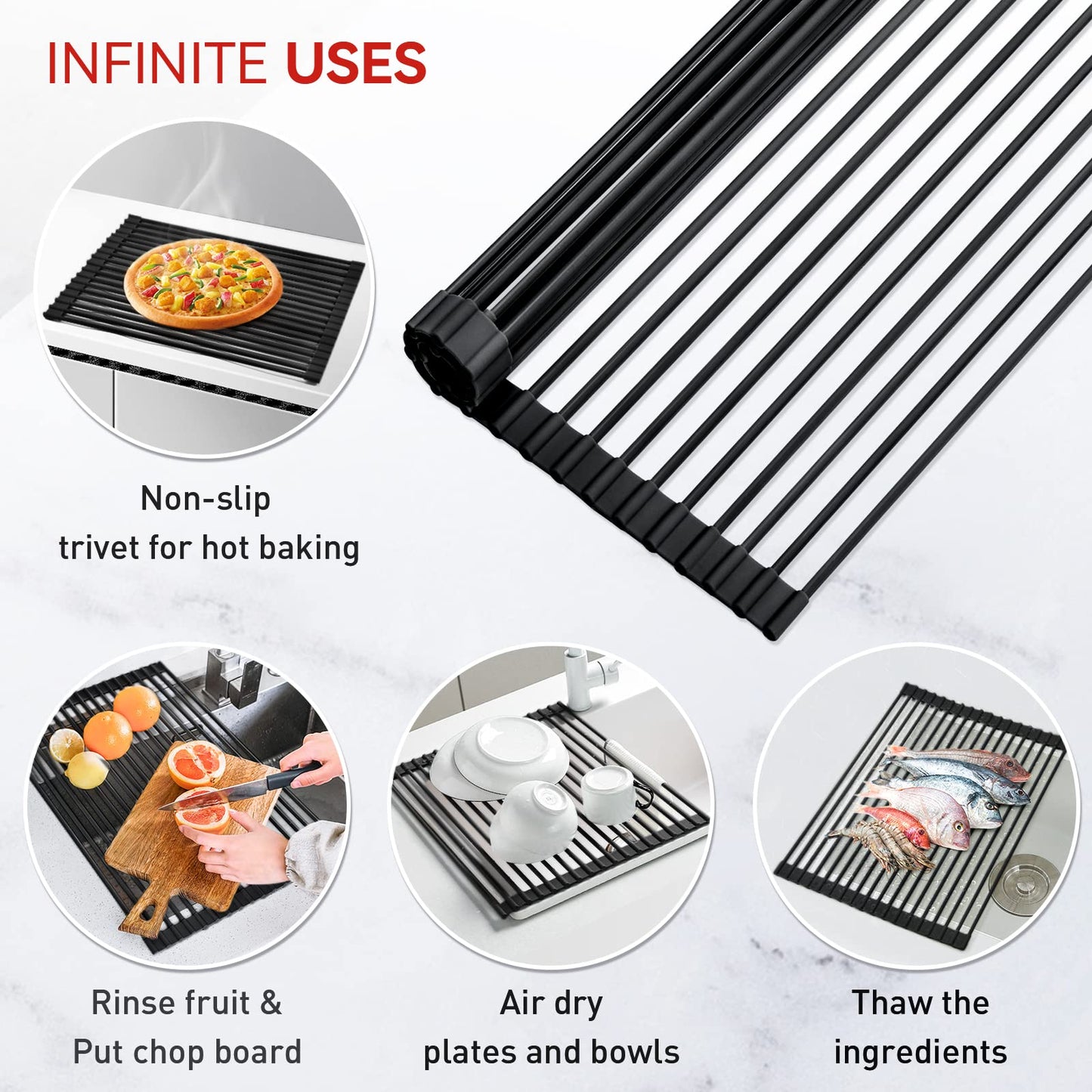 MERRYBOX Roll Up Dish Drying Rack Silicone Wrapped Over The Sink Dish Drying Rack Multipurpose Foldable Sink Drying Mat Anti-Slip & Anti-Rust Dish Rack for Kitchen, 17.5" x 13", Black