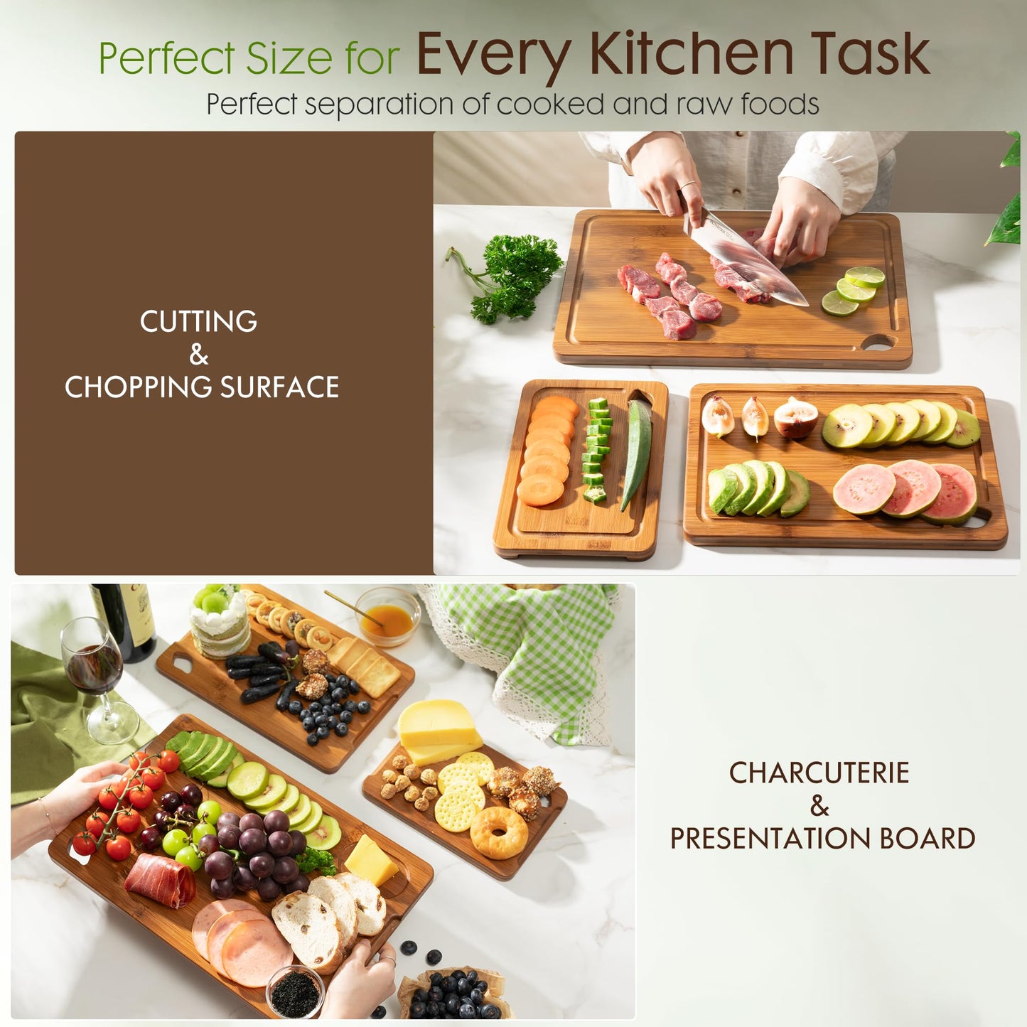Astercook Deep-Carbonized Bamboo Cutting Boards for Kitchen with Wood Storage Stand,