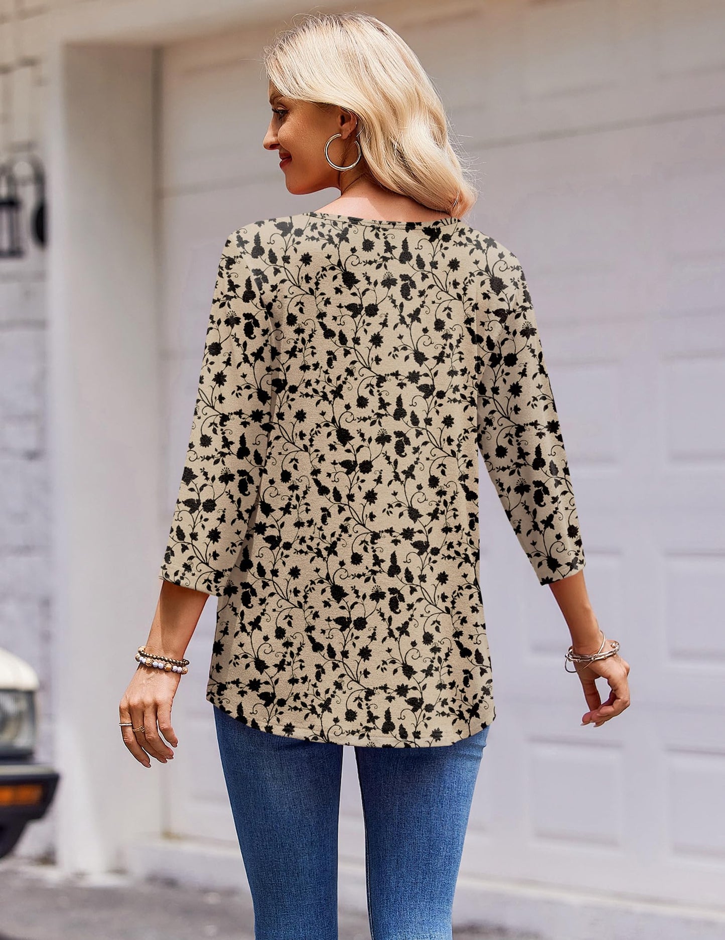 Zeagoo Ladies Tops and Blouses 3/4 sleeve Plus Size Floral Print Crew Neck Blouses Casual T-Shirt For Spring Summer Oversized Women's Work Clothing Beige