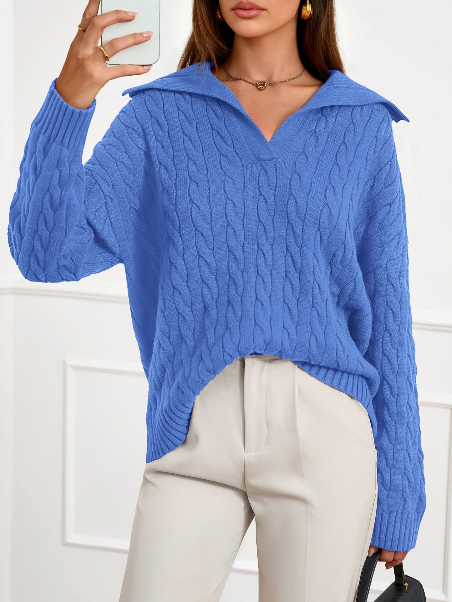 PRETTYGARDEN Fall Cable Knit Oversized Sweaters for Women 2025 Polo V Neck Long Sleeve Casual Chunky Sweater Pullover Tops(Blue,Small)