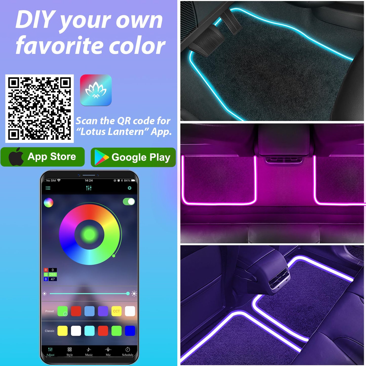 Soft Car Floor Mats With Led Strip Light, Universal Fit Black Automotive Carpet, App Control Interior Car Lights Floor Mats, Anti-Slip Waterproof RGB Car Decor Accessories For SUV, Trucks, Sedan,Jeeps