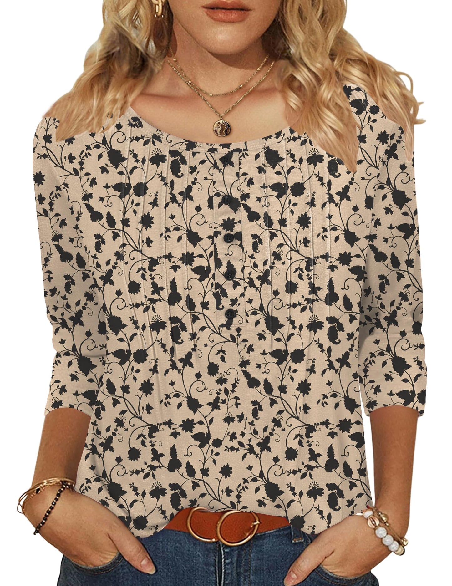 Zeagoo Ladies Tops and Blouses 3/4 sleeve Plus Size Floral Print Crew Neck Blouses Casual T-Shirt For Spring Summer Oversized Women's Work Clothing Beige