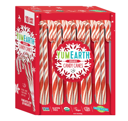 YumEarth Organic Candy Canes - Individually Wrapped Full Size Peppermint Candy Canes - Allergy Friendly, Non GMO, Gluten Free, Vegan, Dye Free Christmas Candy - 10 Count (Pack of 1)