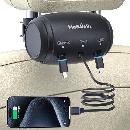 MAGJIEYX Multi Retractable Car Charging Station Box, 3 in 1 Headrest Fast Power Charging Dock Cord USB Type C Fits iPhone 16/15/14/iPad/Android/Samsung|Uber Lyft Backseat Passengers Share Rid