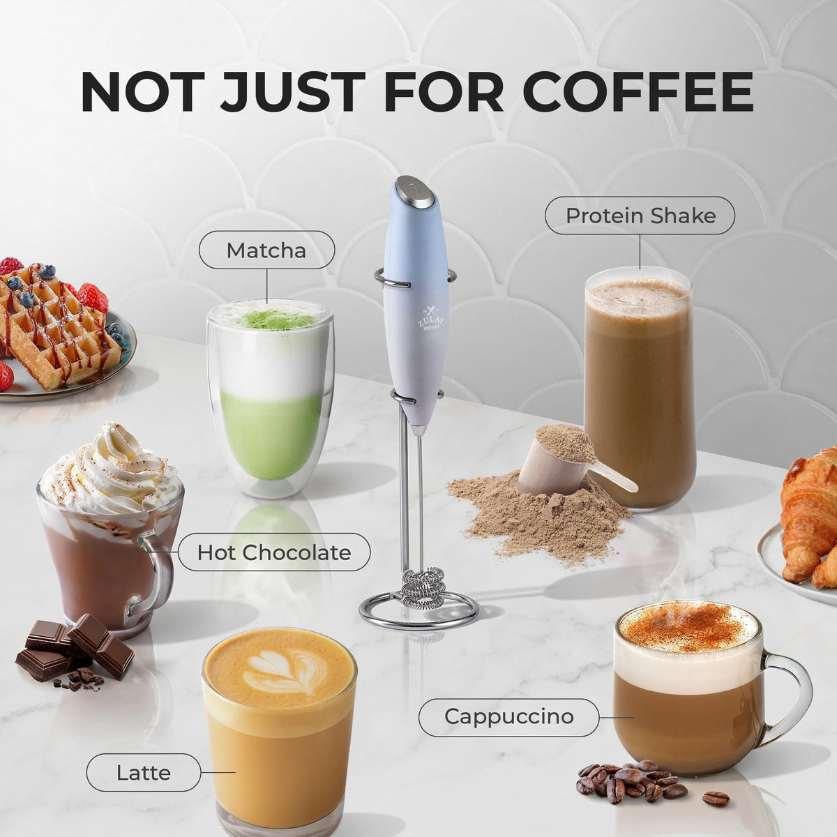 Zulay Kitchen Powerful Milk Frother Wand With Duracell Batteries - Ultra Fast Handheld Drink Mixer - Electric Whisk Foam Maker for Coffee, Lattes, Cappuccino & Matcha - Triple Whisk - Pale Cloud