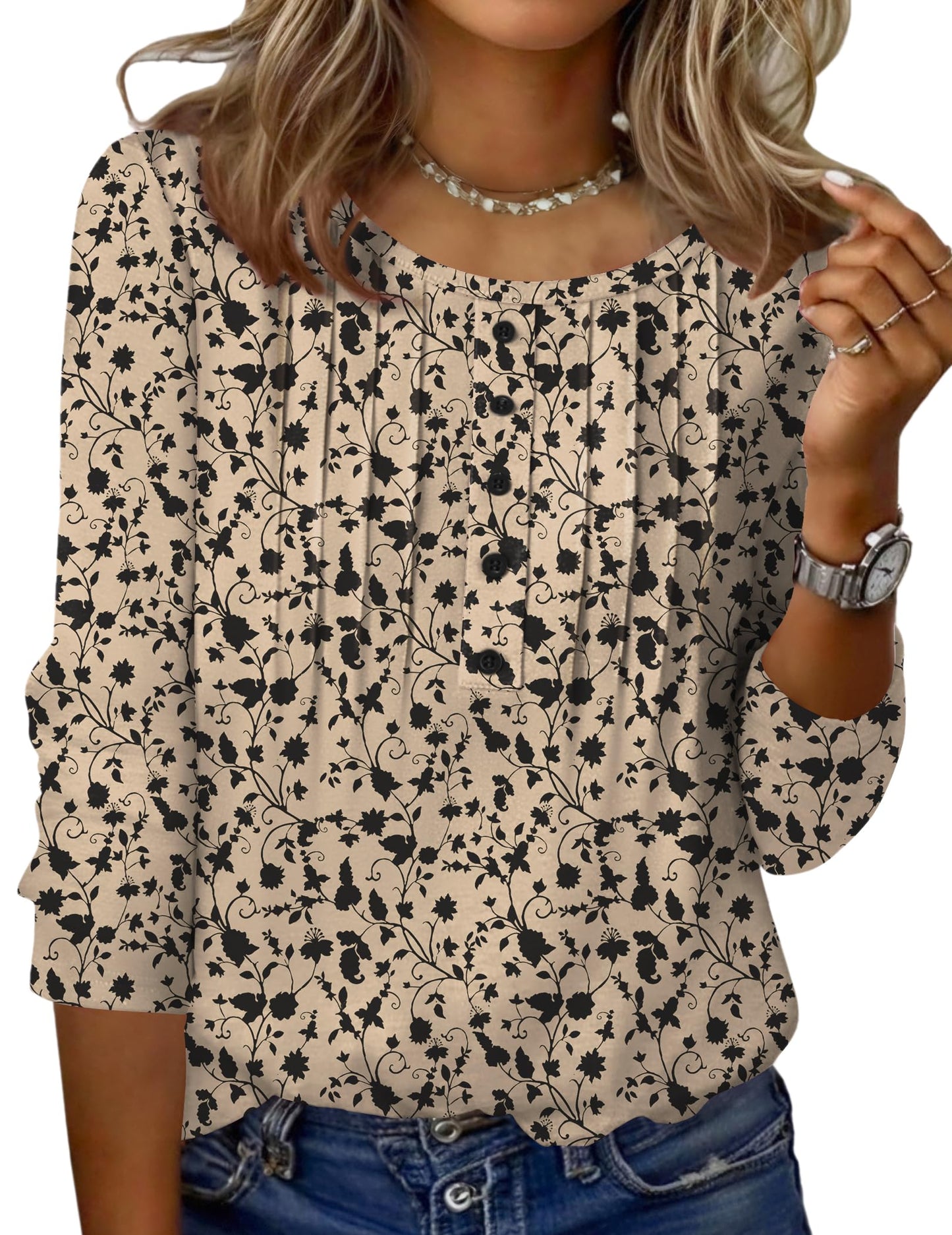 Zeagoo Ladies Tops and Blouses 3/4 sleeve Plus Size Floral Print Crew Neck Blouses Casual T-Shirt For Spring Summer Oversized Women's Work Clothing Beige