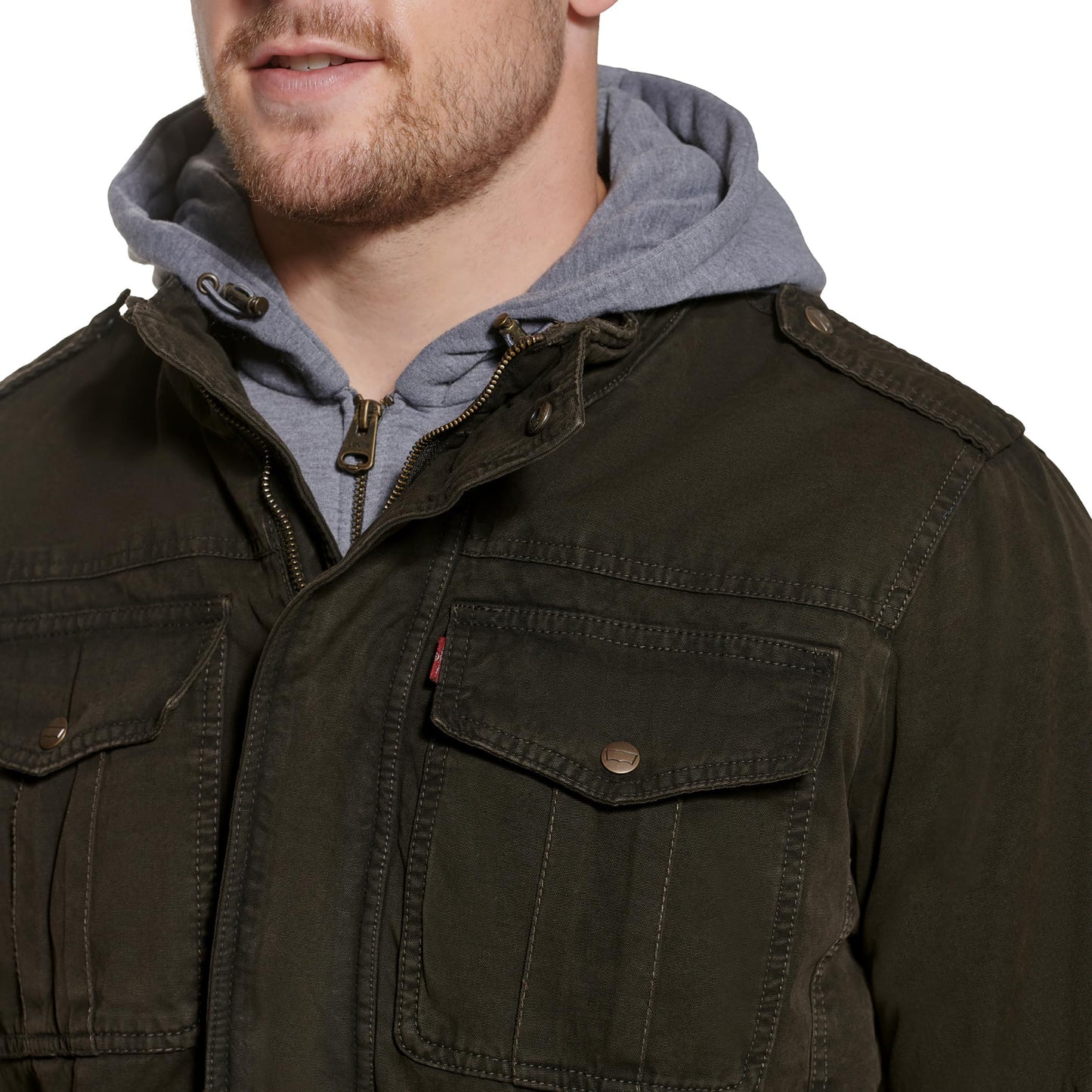 Levi's Men's Washed Cotton Military Jacket with Removable Hood, Dark Brown, Large Tall