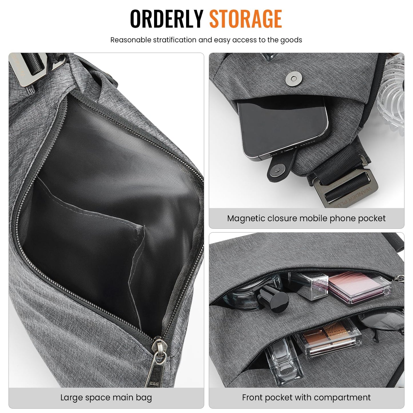 WANDER PLUS Anti Theft Crossbody Bag, Shoulder Bag Anti-theft Design for Travel, Sport, Work, Grey