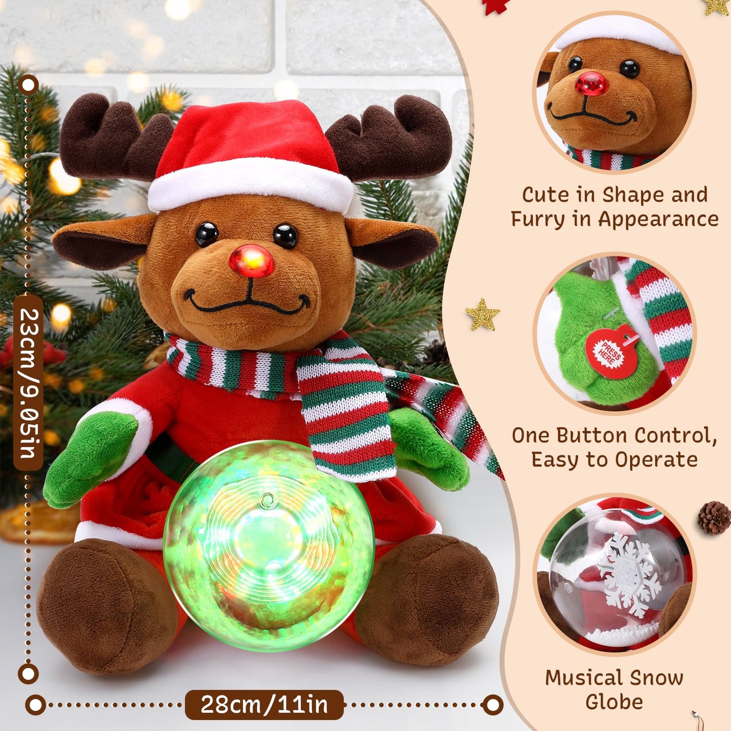 Laelr Singing Glowing Christmas Elk Toy 10'' Christmas Elk Stuffed Animal Plush Toy with Music Snow Globe and LED Lights Christmas Ornaments Musical Doll for Birthday Festivals Gifts for Boys Girls