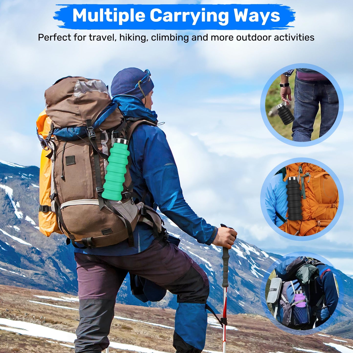 Rotayi Collapsible Water Bottle, 16oz Portable Reusable Silicone Water Bottle, BPA-Free Leak-Proof Foldable Design with Carabiner, Lightweight Durable for Gym, Travel, Camping, Hiking, Sports-Black