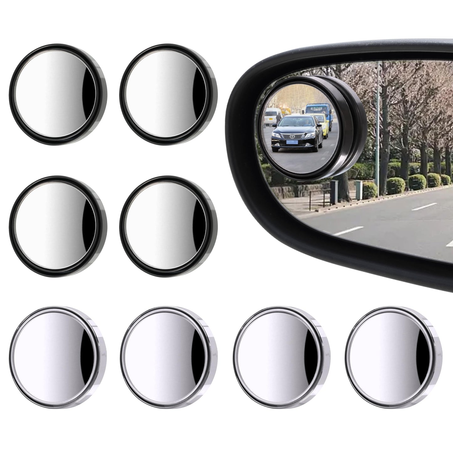 8 Pcs Blind Spot Mirrors for Car, 1.97’’ Round HD Convex Mirror, 360° Wide Angle Side View Mirror with ABS Housing for a wide range of models (black, silver)