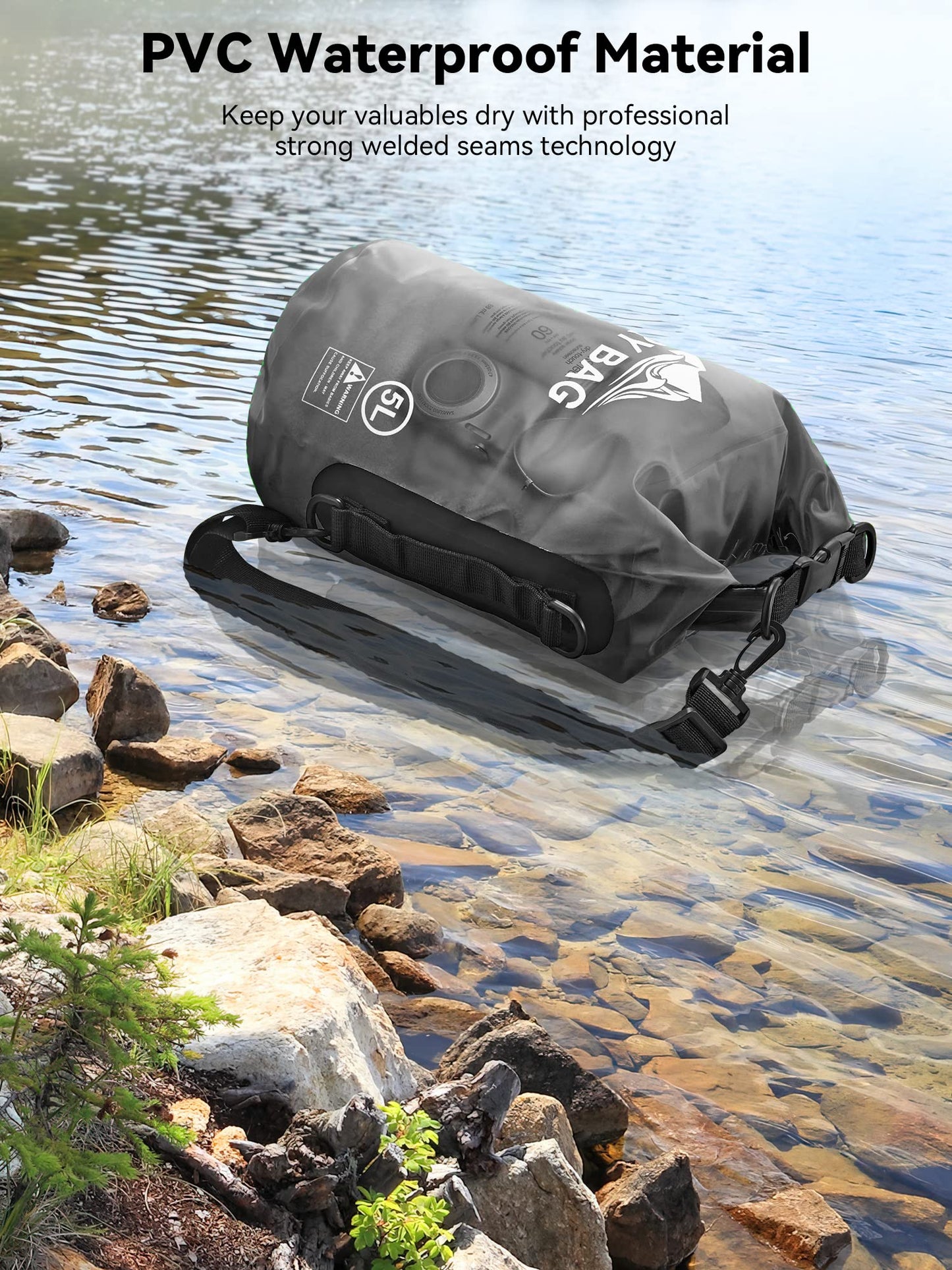 HEETA Dry Bag Waterproof for Women Men, Roll Top Lightweight Dry Storage Bag Backpack with Phone Case for Travel Swimming Boating Kayaking Paddle Board Camping Beach Accessories (Transparent Black,5L)