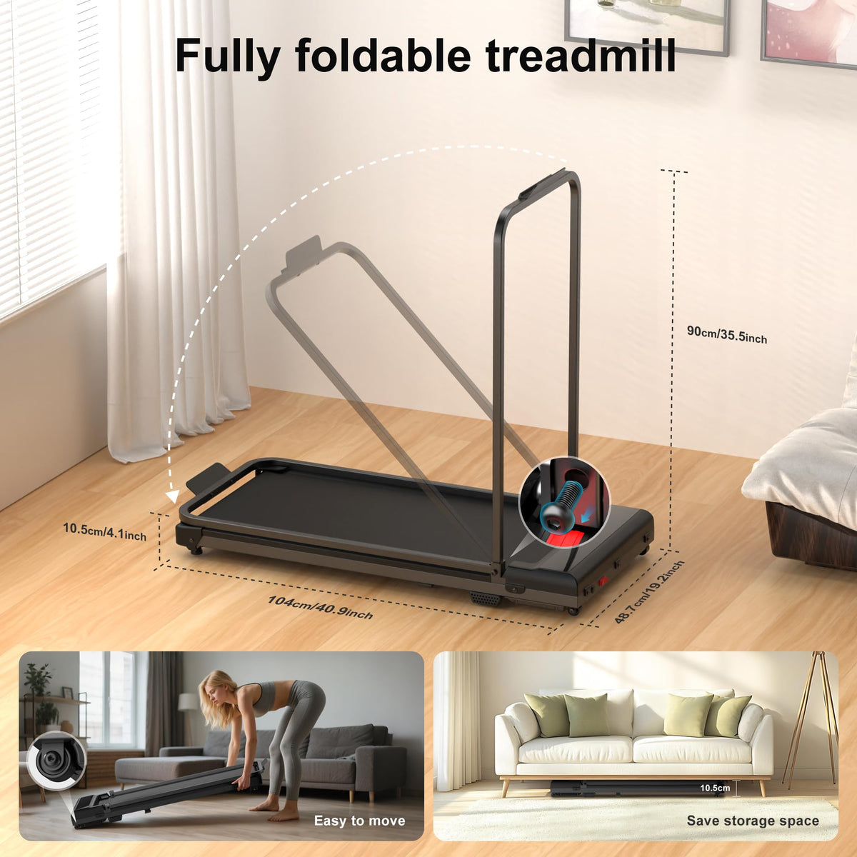 Walking Pad Treadmill for Home with Handle Bar Foldable Under Desk Terluxra