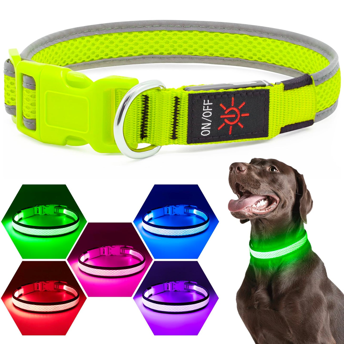 Flashseen LED Dog Collar, Light Up Dog Collar Lights USB Rechargeable, Adjustable Comfortable Soft Mesh Safety Collar for Small, Medium, Large Dogs(Large, Neon Green)