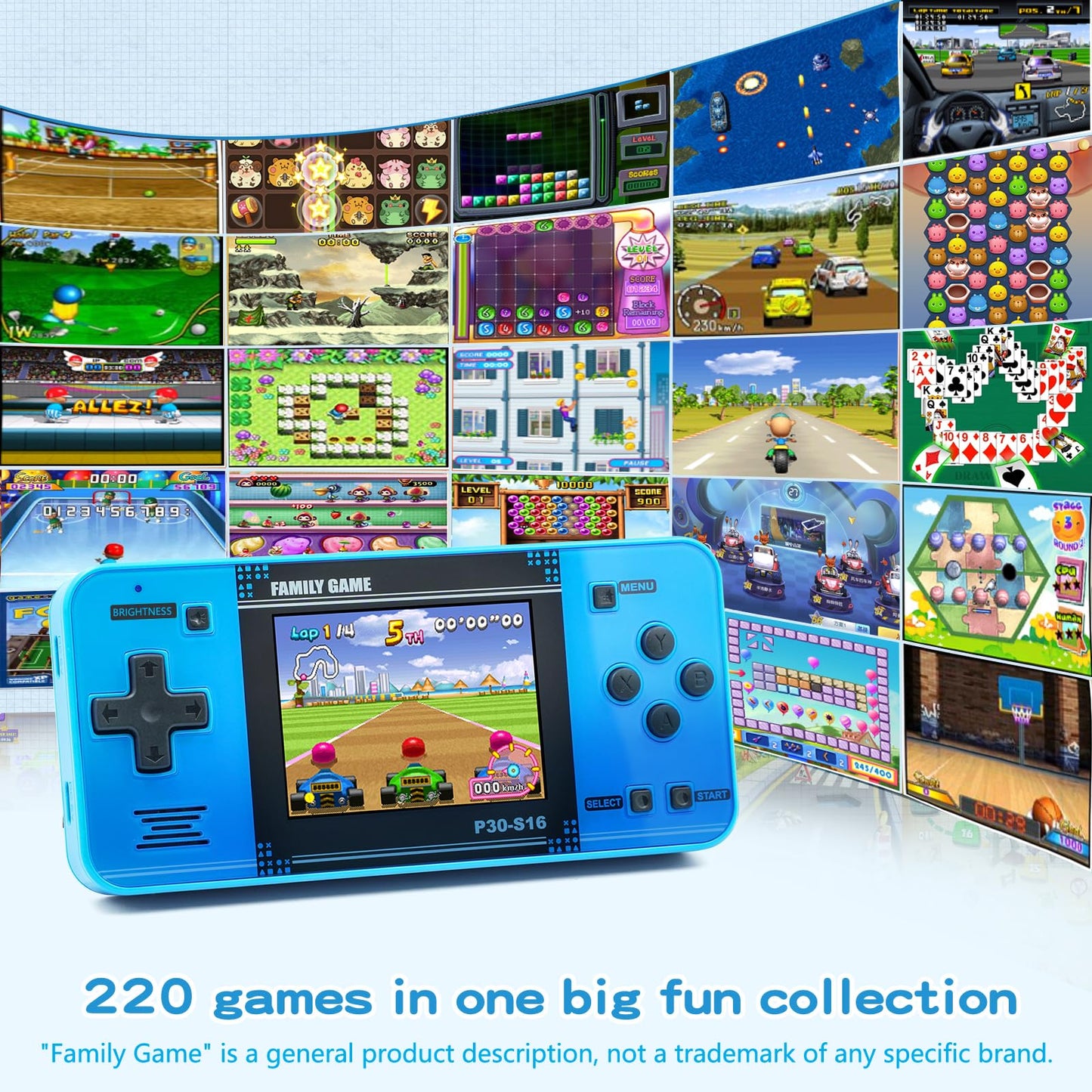 Handheld Game for Kids -Preloaded 220 Retro Video Games, Portable Gaming Player with Rechargeable Battery 3.0" LCD Screen, Mini Arcade Electronic Toy Gifts for Boys Girls (Blue)