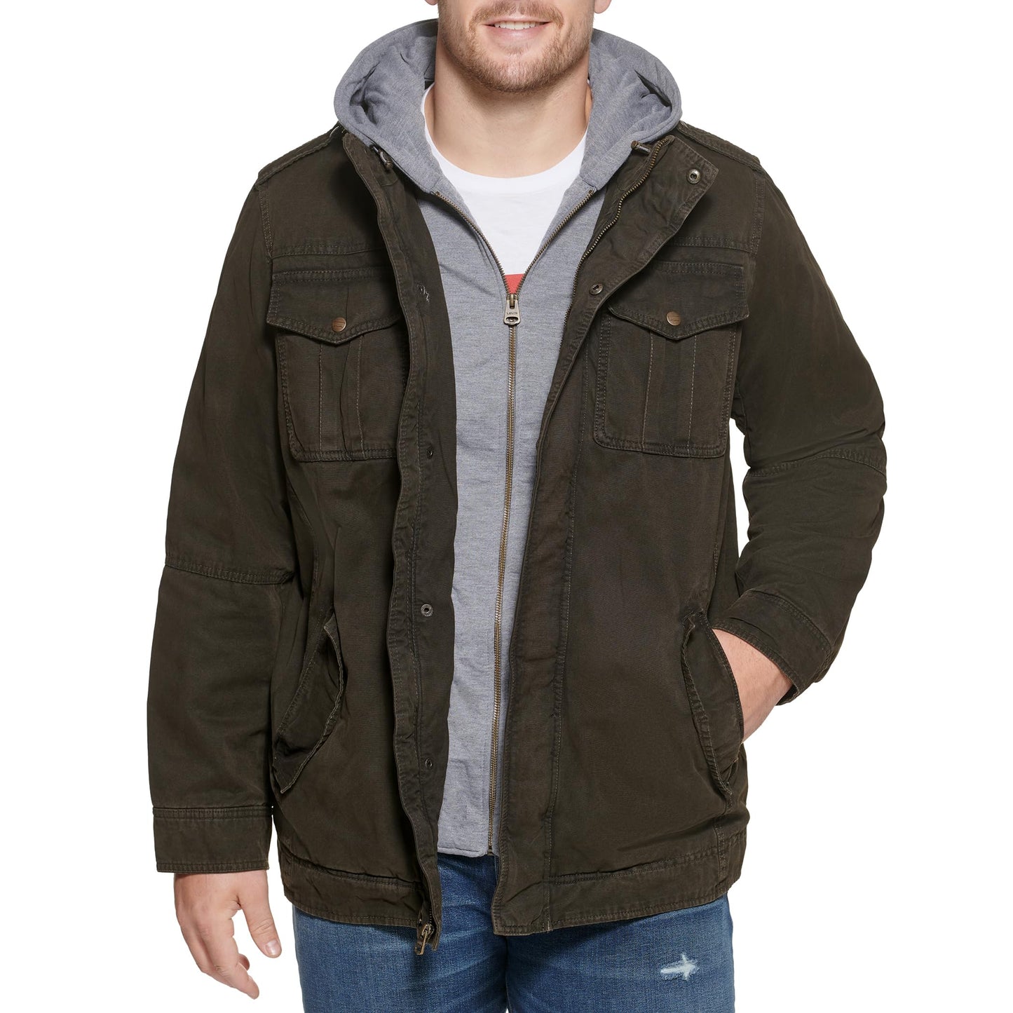 Levi's Men's Washed Cotton Military Jacket with Removable Hood, Dark Brown, Large Tall