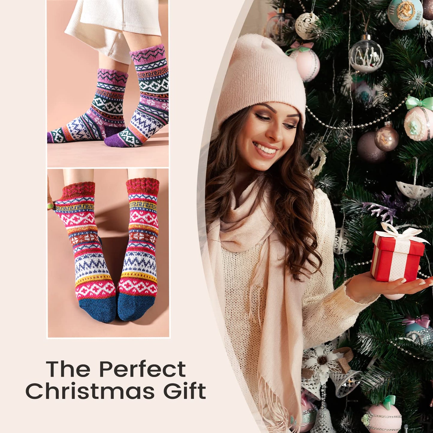 5 Pairs Wool Socks - Wool Socks for Women, Warm Cozy Crew Sock, Warm Womens Winter Sock, Thick Knit Cabin Cozy Sock Gifts for Women, 6-10