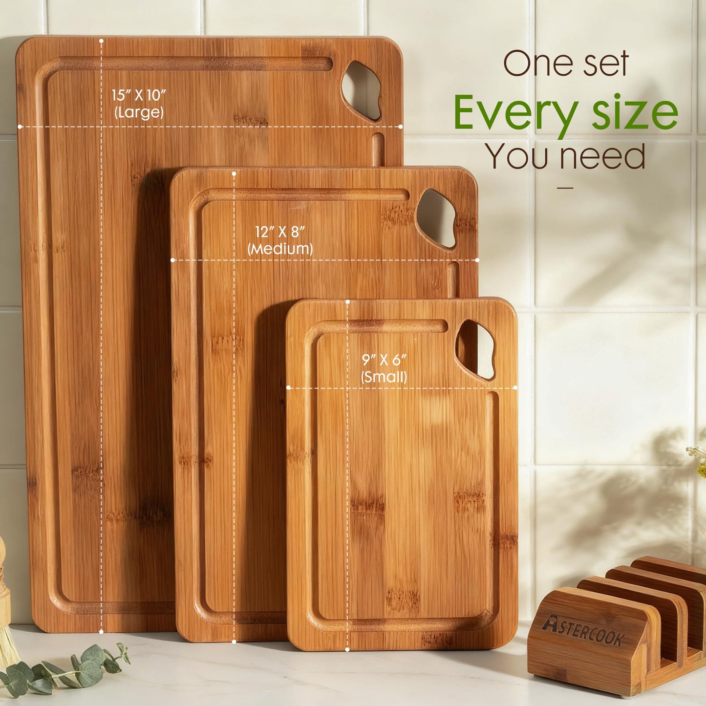 Astercook Deep-Carbonized Bamboo Cutting Boards for Kitchen with Wood Storage Stand,