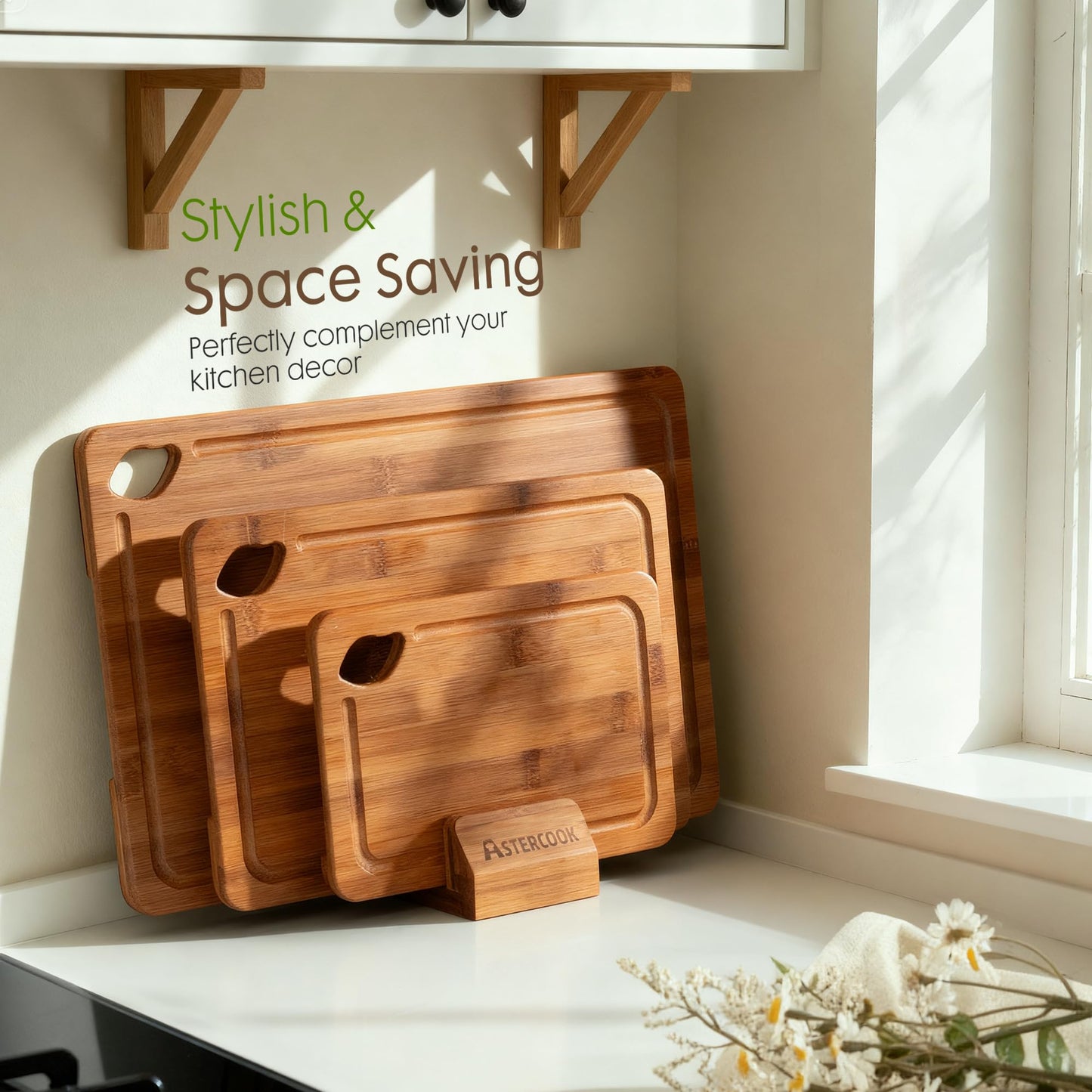 Astercook Deep-Carbonized Bamboo Cutting Boards for Kitchen with Wood Storage Stand,