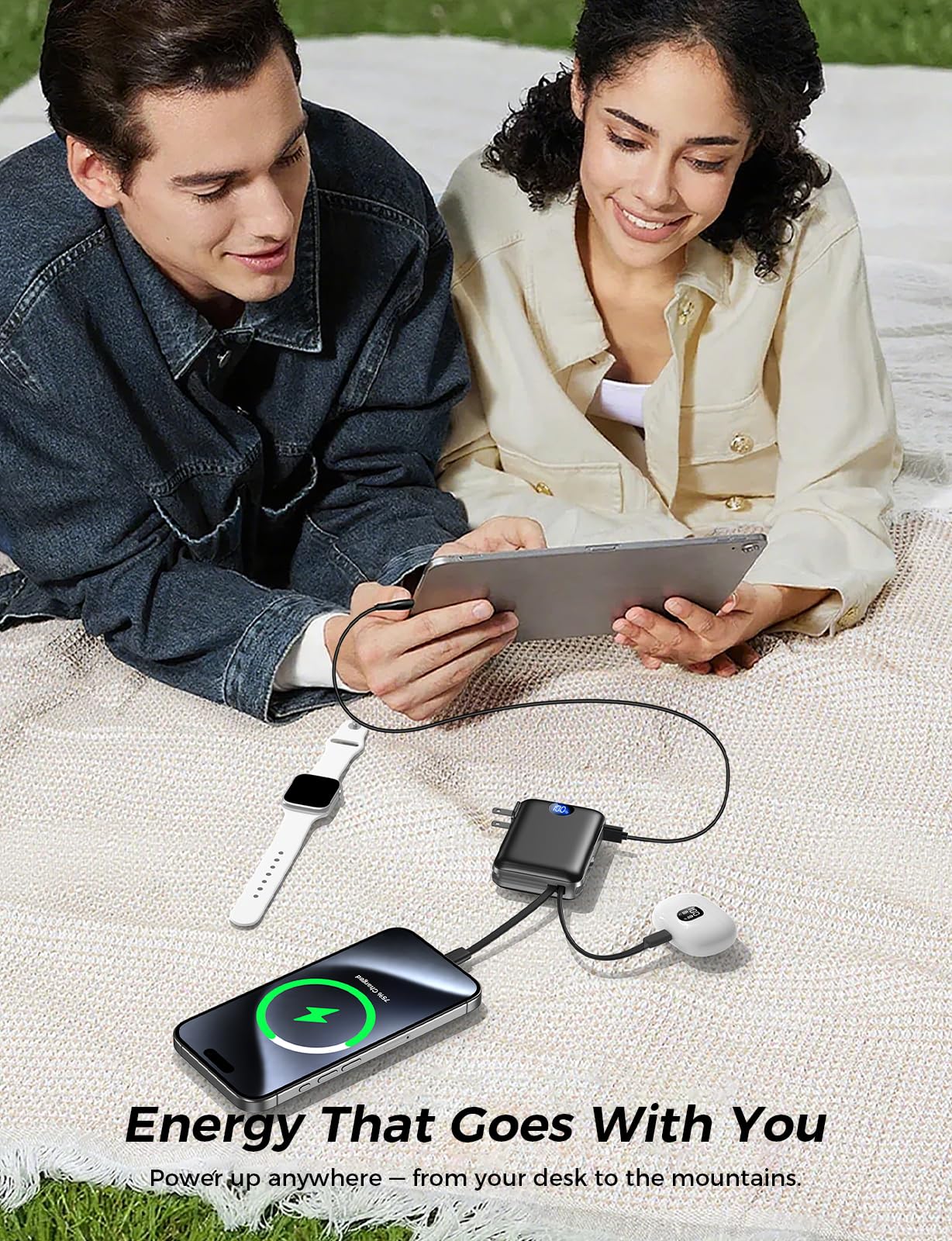 Portable Charger with Built in Cables & Wall Plug,10000mAh Power Bank, 4 Outputs,22.5W USB C Fast Charging,Slim Travel Essential Battery Pack with LED Display for iPhone 17/16/15/14 Series, Samsung