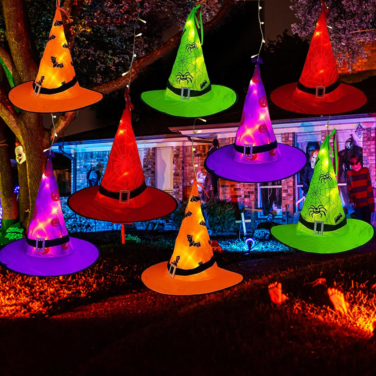Halloween Witch Hat Lights Decoration Outdoor, 8pcs Hanging Witch Hat Light