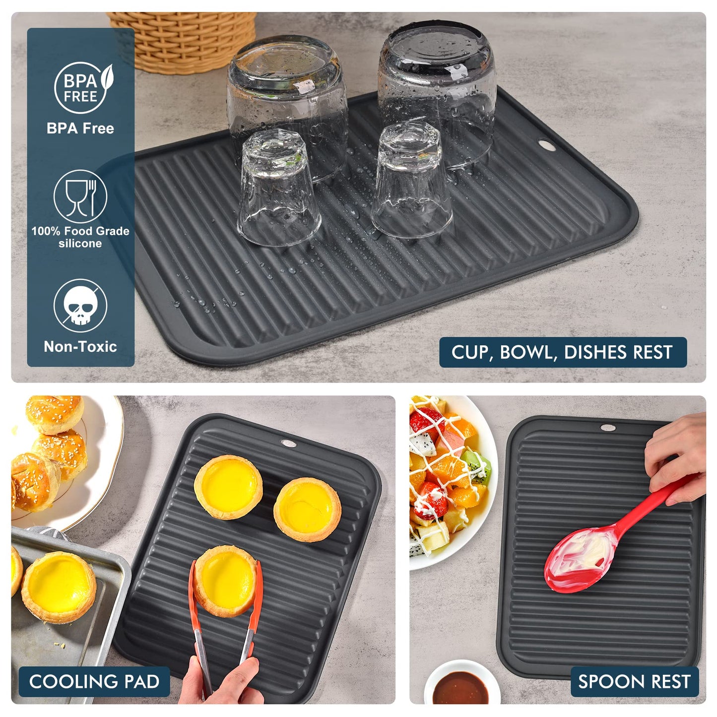 HOTEC BPA Free Silicone Trivets for Hot pots and Pans, 446℉ Heat Resistant for Kitchen Counter Dish Drying Mat, Set of 2 Dark Grey