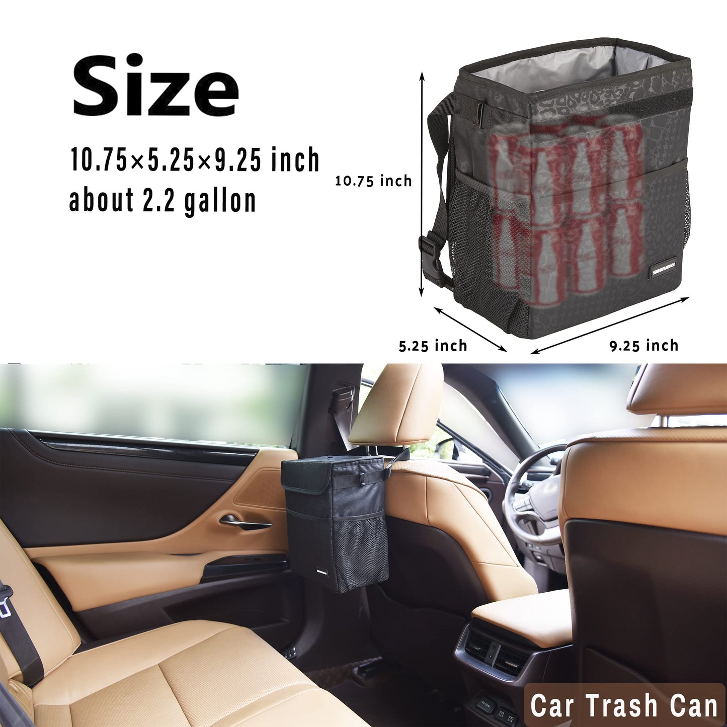 SIBOFUEGO Cute Car Trash Can with Lid – Multipurpose Collapsible Trash Bin for Car, Leak-Proof Organizer, Waterproof Garbage Can with Storage Pockets & Adjustable Straps, 2 Gallons (Black Leopard)