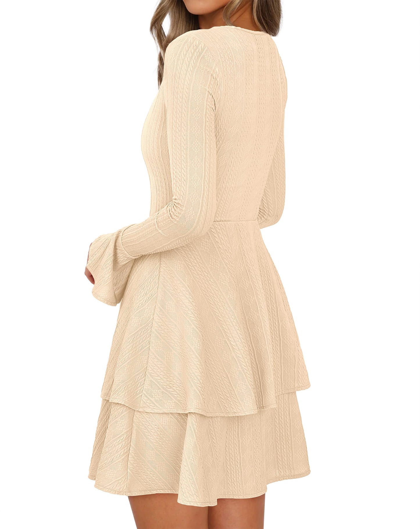 PRETTYGARDEN Womens Fall Fashion 2025 Long Bell Sleeve Mini Sweater Dress Casual Crewneck A Line Knit Short Cocktail Dresses(Beige,Medium)
