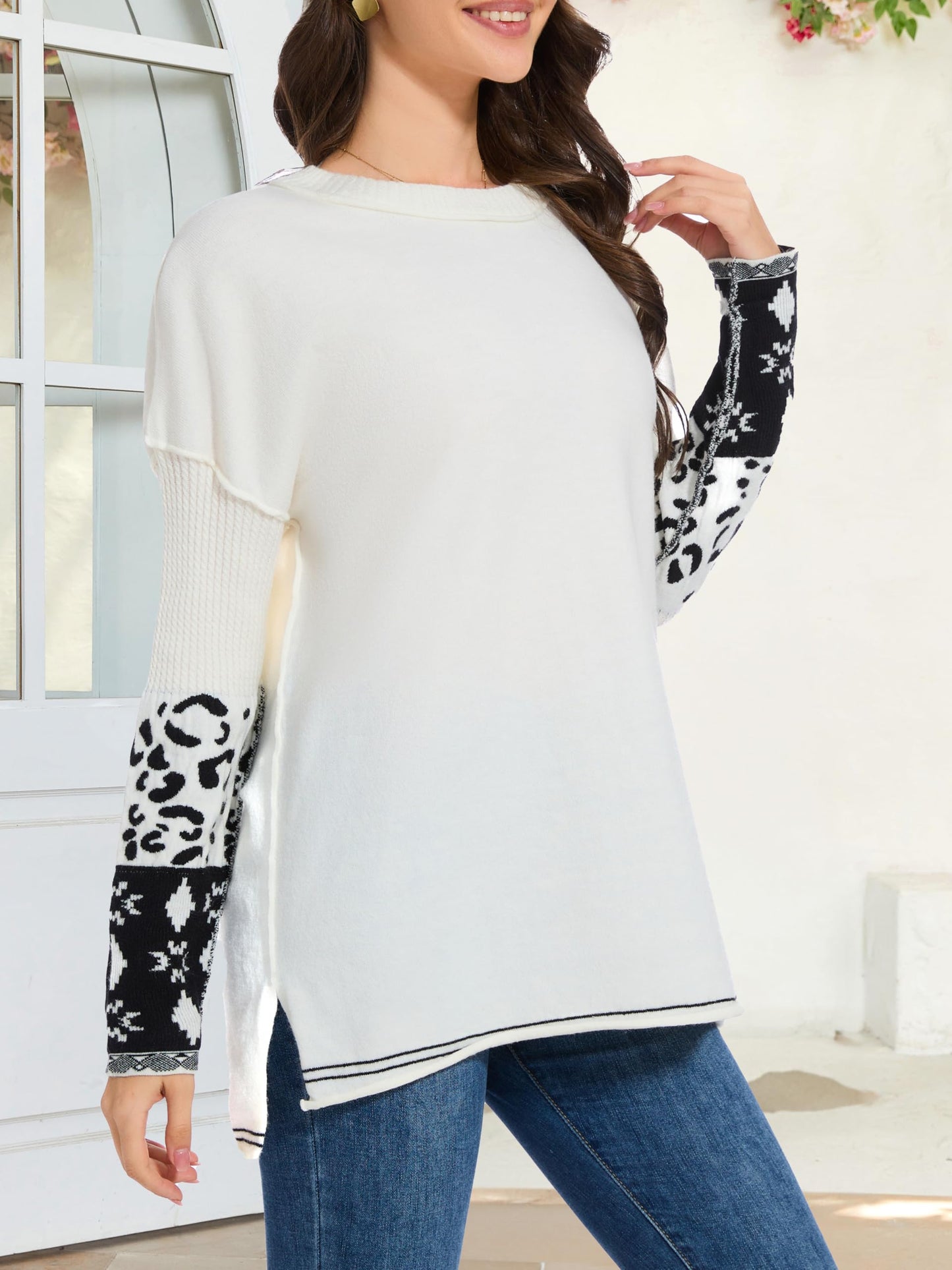 hathne Oversized Sweaters Pullover for Women Leopard Printed Cuff Casual Long Sleeve Knit Tops(Beige,L)