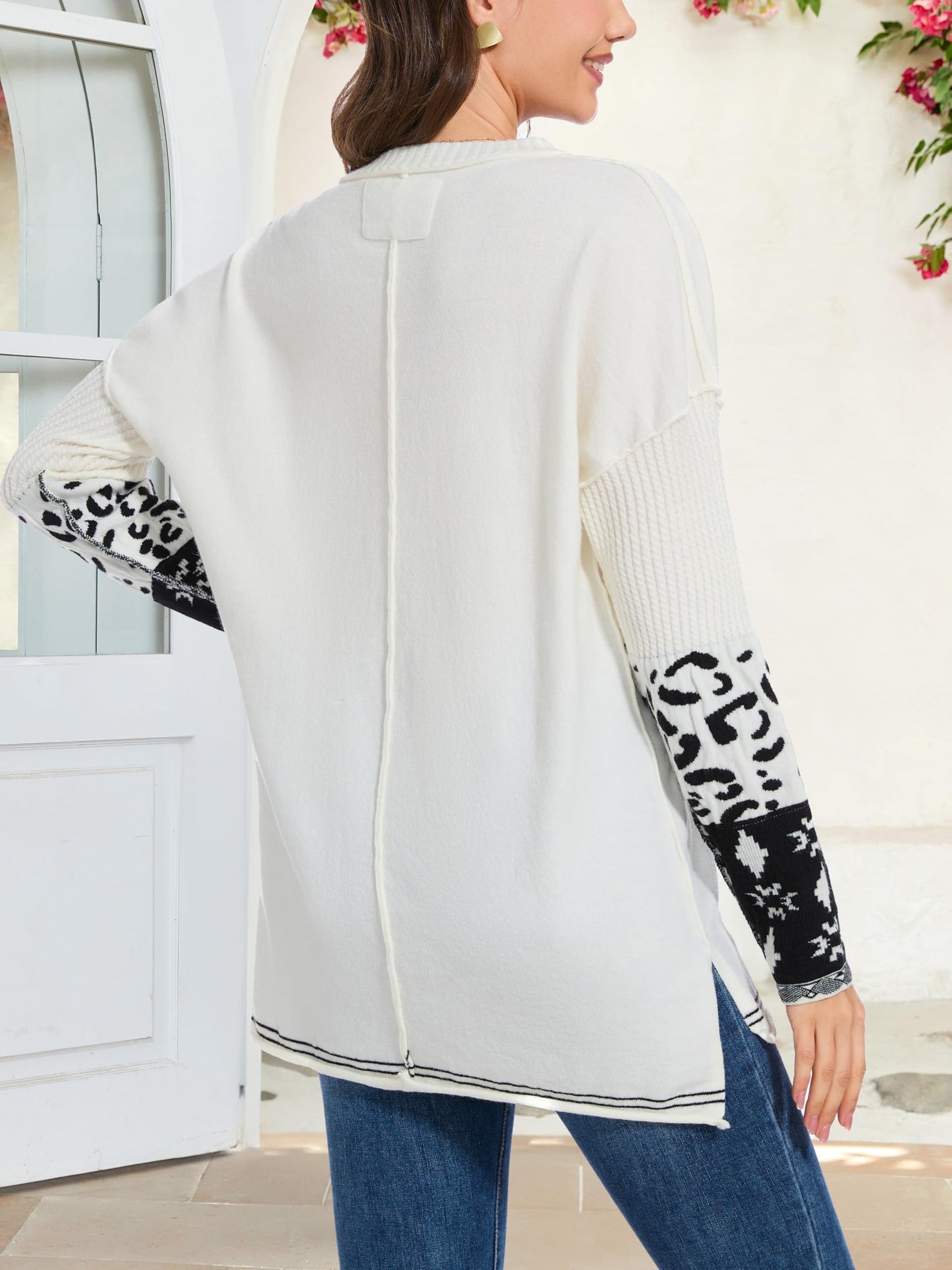 hathne Oversized Sweaters Pullover for Women Leopard Printed Cuff Casual Long Sleeve Knit Tops(Beige,L)
