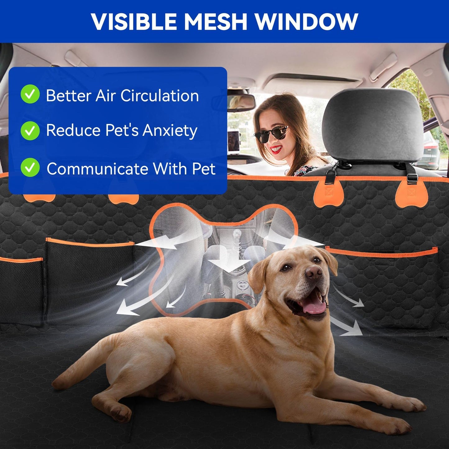 Rengue Dog Car Seat Cover for Back Seat, Pets Protector Hammock Waterproof Back Seat Extender with Mesh Window and Storage Pocket Dog Car Hammock with Universal Size for Cars/Trucks/SUV