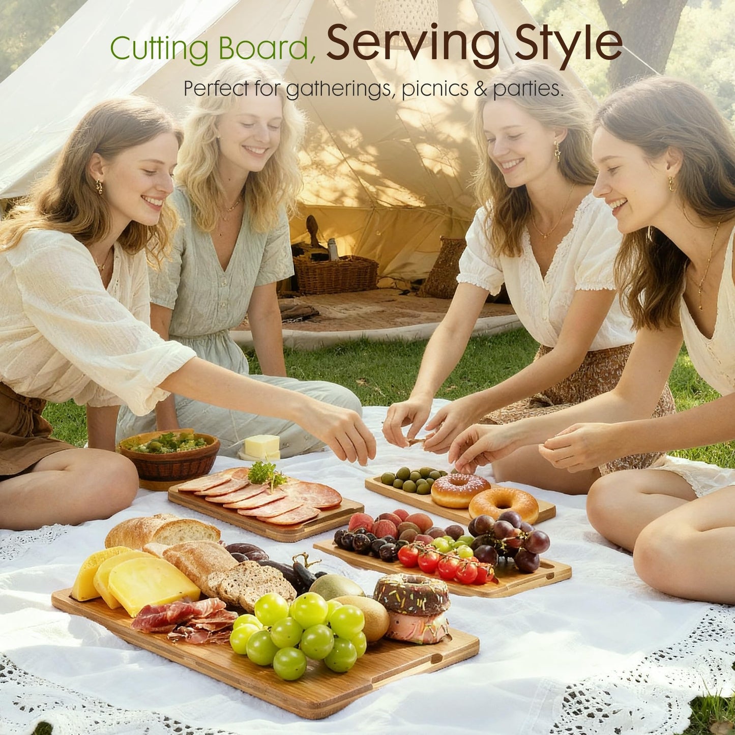 Astercook Deep-Carbonized Bamboo Cutting Boards for Kitchen with Wood Storage Stand,