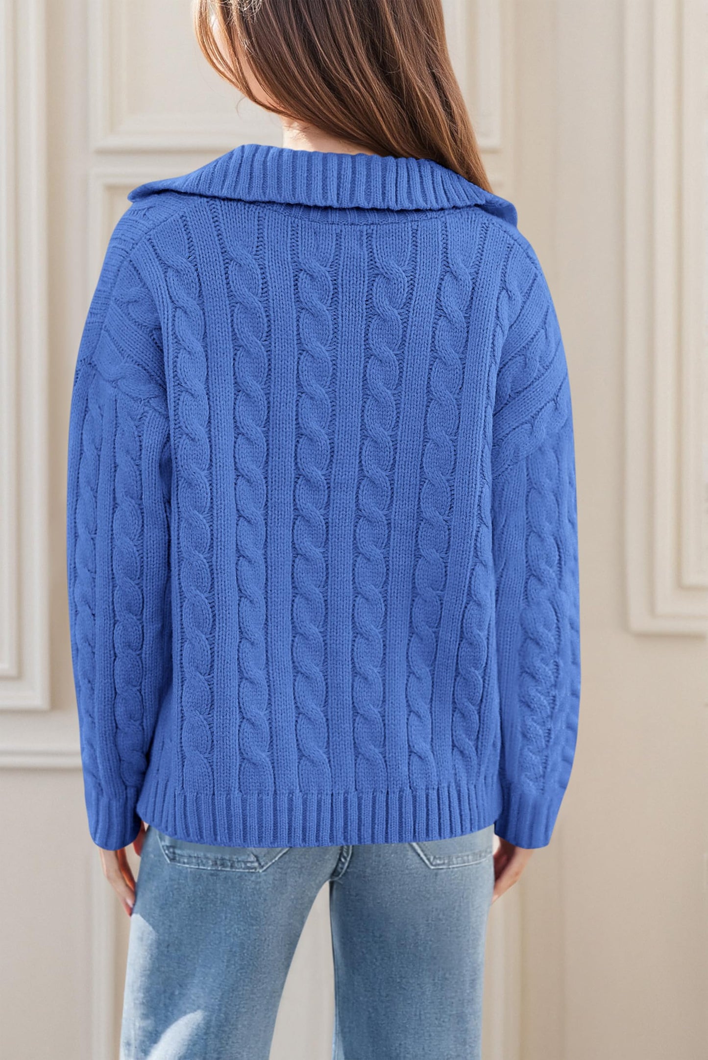 PRETTYGARDEN Fall Cable Knit Oversized Sweaters for Women 2025 Polo V Neck Long Sleeve Casual Chunky Sweater Pullover Tops(Blue,Small)