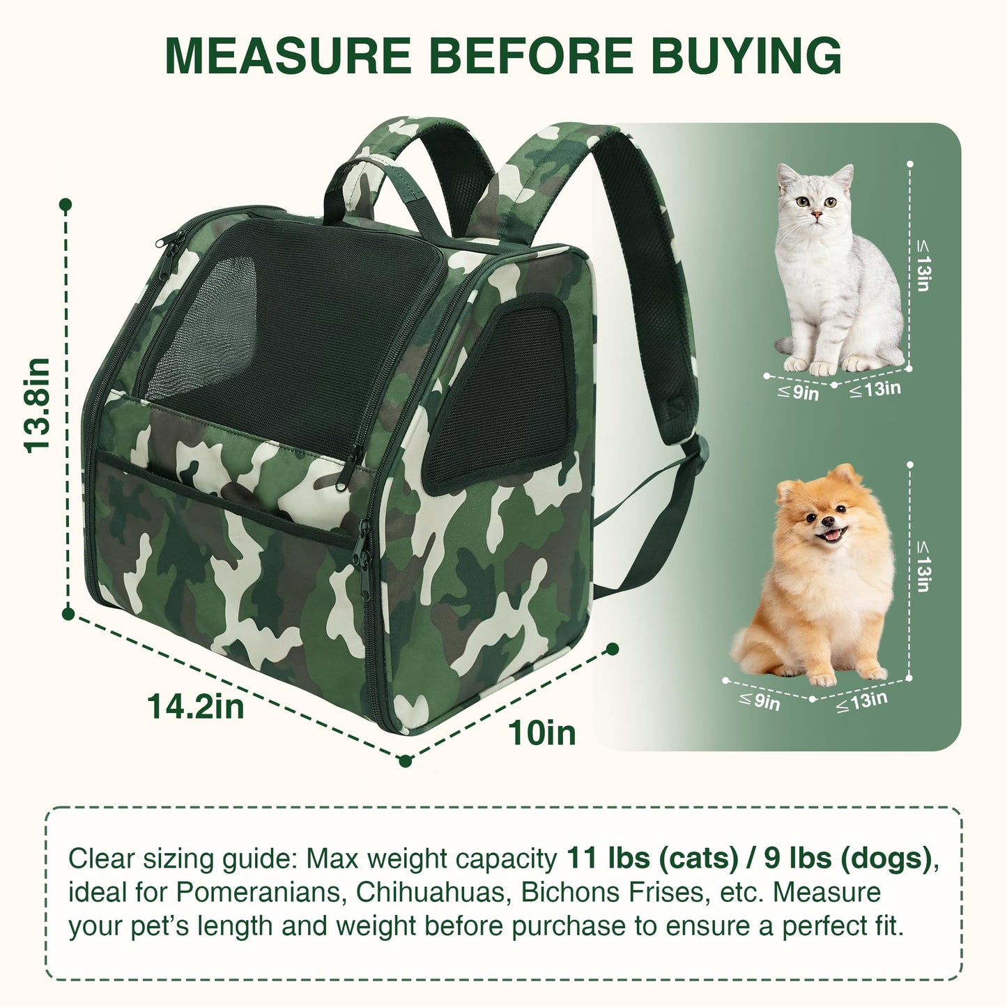 Cat Carrier Backpack Camouflage Pet Backpack for Cats Up to 11lbs