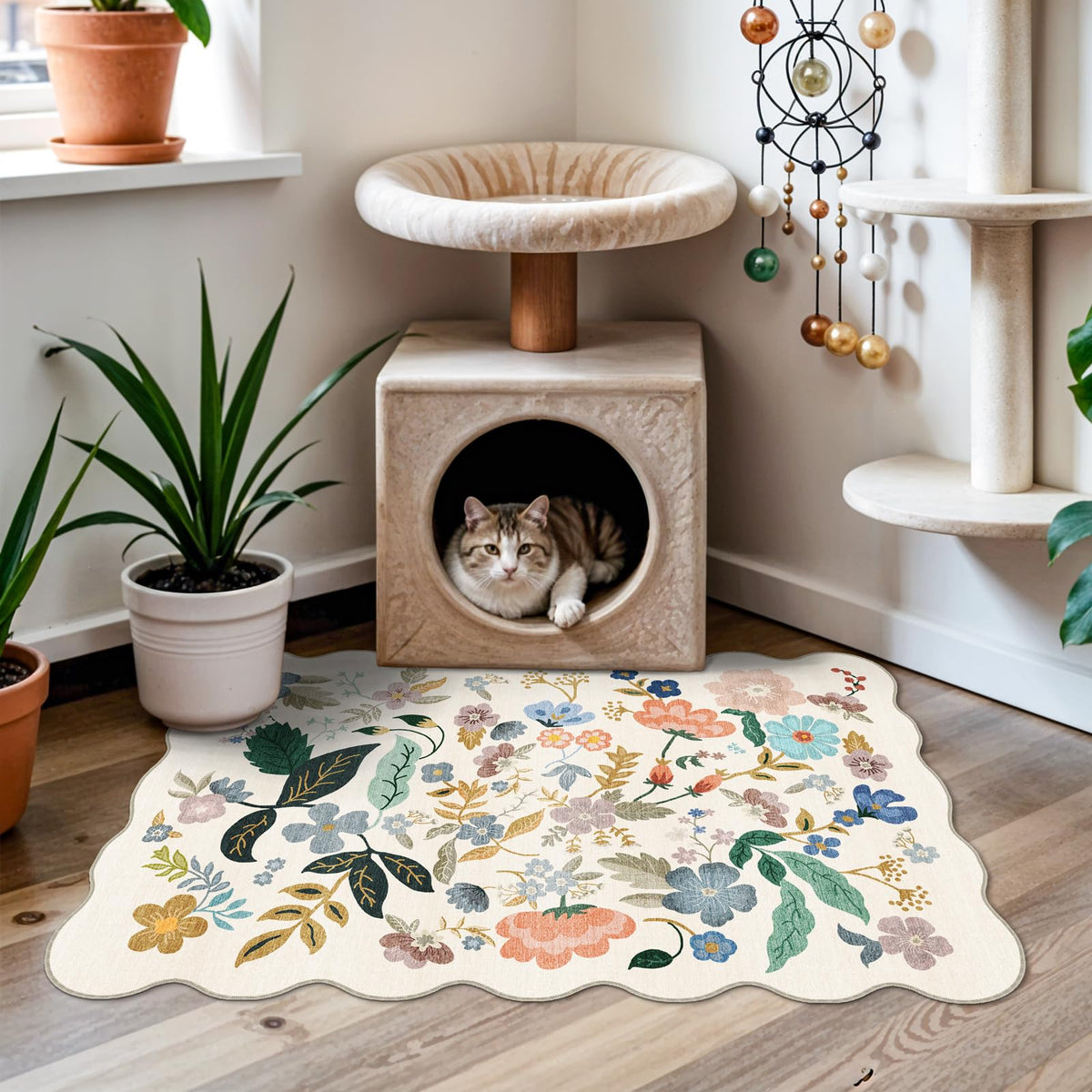 Washable 2x3 Entryway Scalloped Rug: Floral Thin Door Mat Non Slip Water Resistant Kitchen Bathroom Area Rug Indoor Ultra Soft Carpet for Laundry Nursery Living Room Bedroom Soft Floor Mat (2x3,Cream)