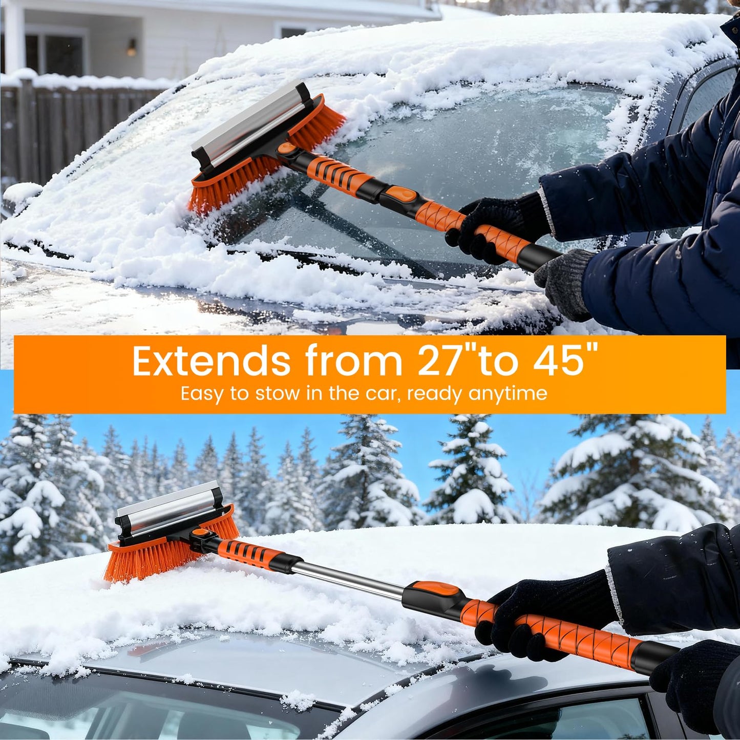 2025 45" Car Snow Brush & Ice Scraper for Windshield - Upgraded Extendable Snow Shovel with 360° Pivoting Head & Foam Grip - Fits Cars, Trucks, SUVs (Neon Orange)