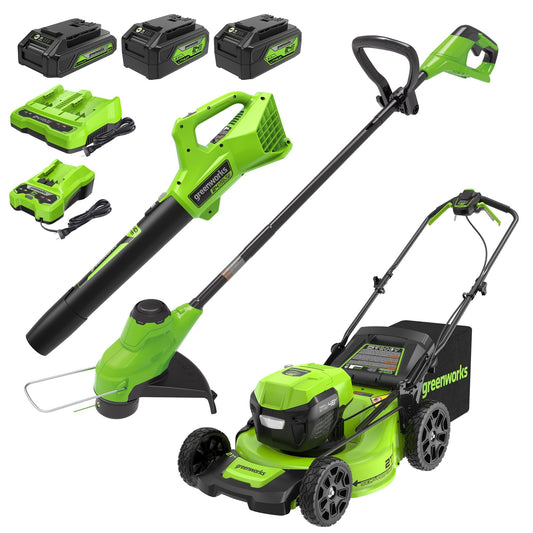 Greenworks 48V (2x24V) High - Performance Cordless Yard Tool Combo: 21" Self - Propelled Lawn Mower, 12" Trimmer & Blower, with 3 Batteries & 2 Chargers