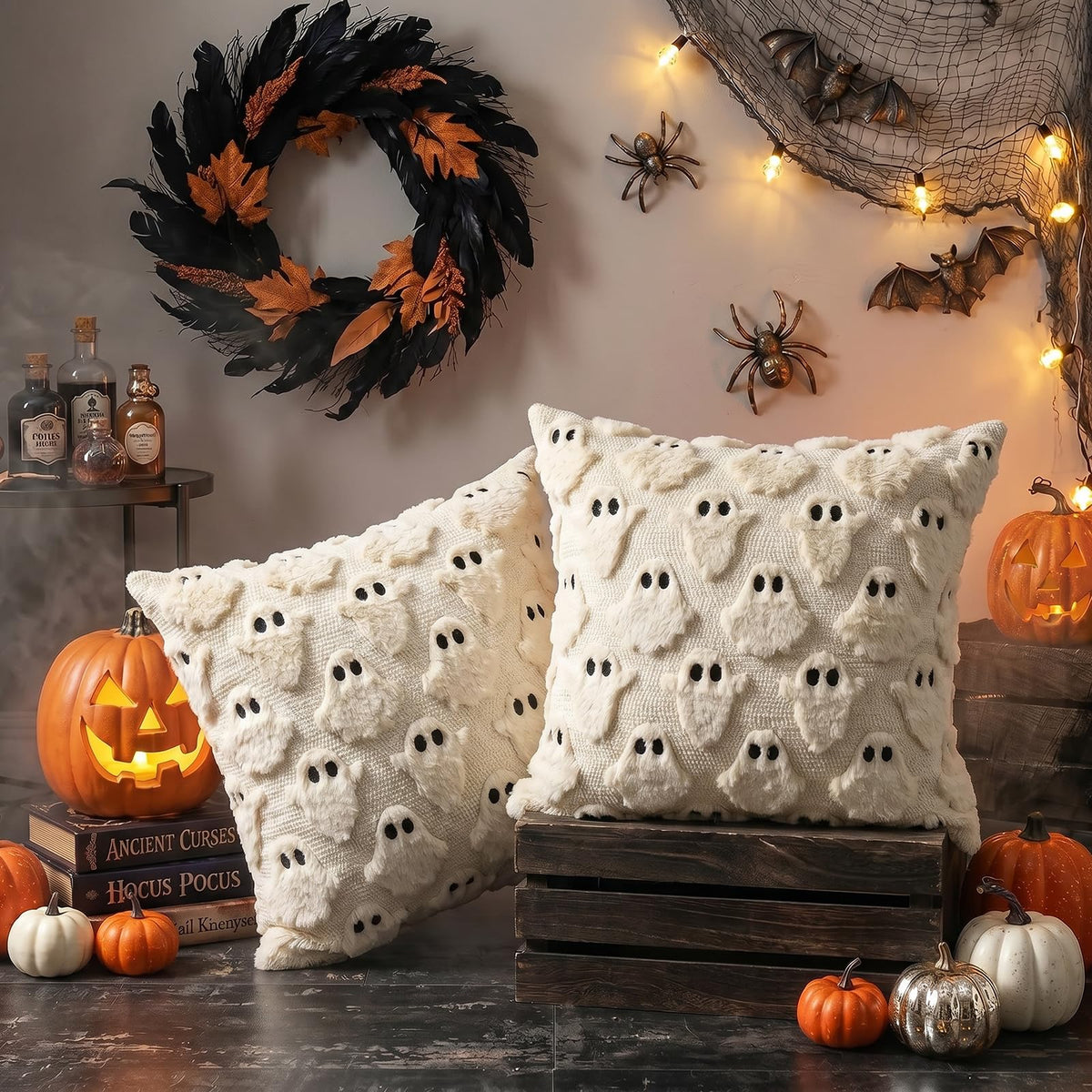 WEFNKA Halloween Pillow Covers 18x18 inch 2Pcs Beige Ghost Halloween Decor
