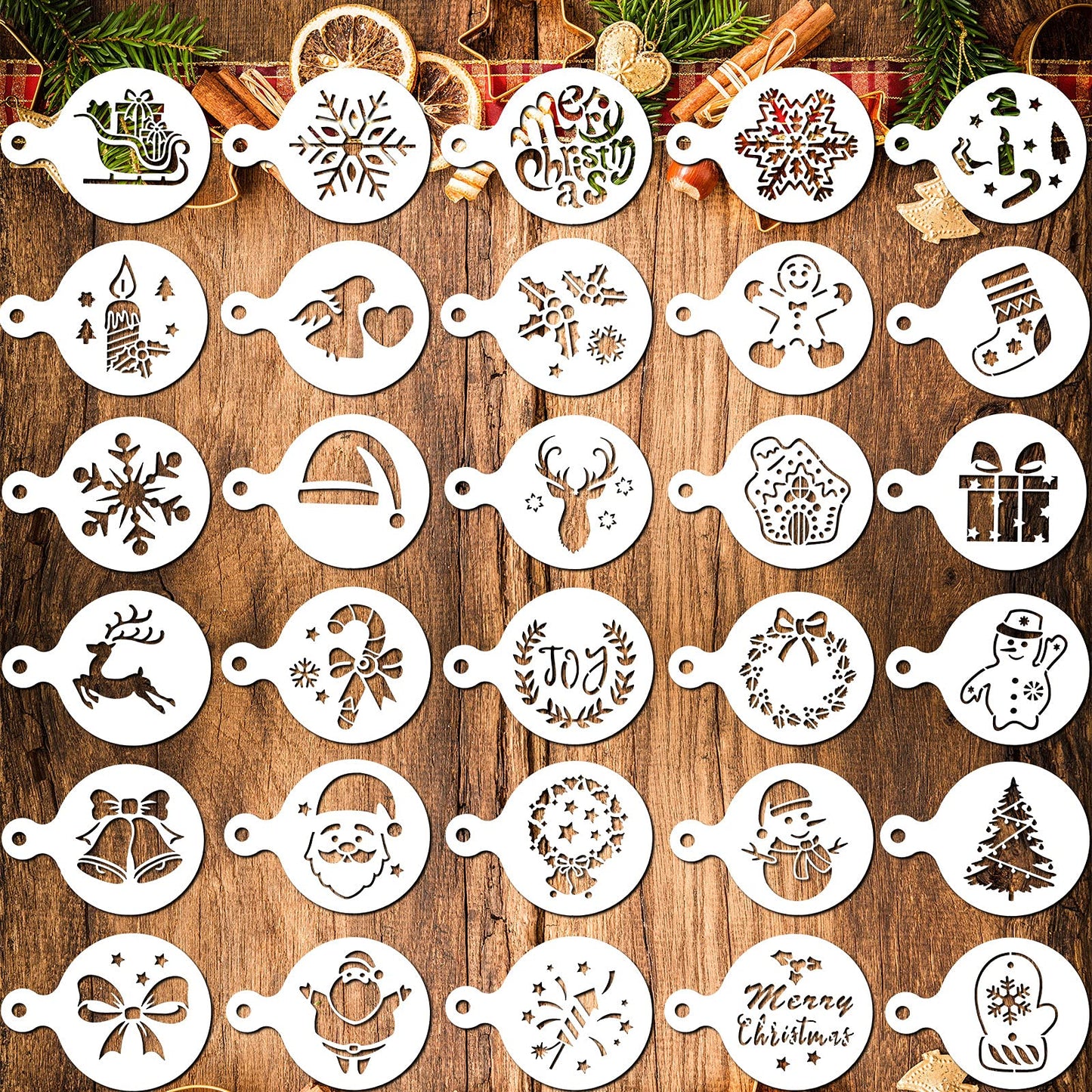 Vesici 30 Pieces Christmas Cookie Stencils Templates Decorations Christmas Coffee Baking Painting Mold Tools Plastic Cookie Coffee Decorating Stencils Reusable Xmas Baking Tools for DIY