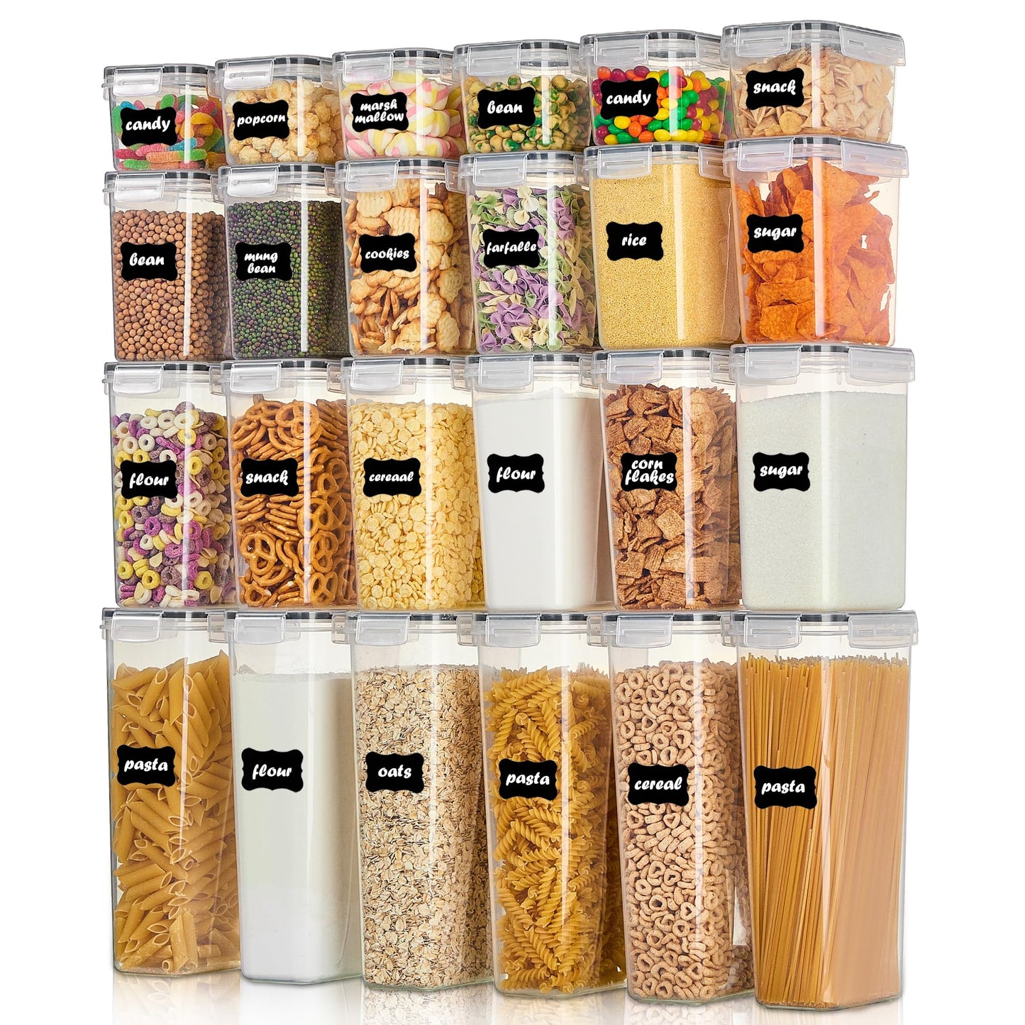 Airtight Food Storage Containers with Lids, Vtopmart 24 pcs Plastic Kitchen and Pantry Organization Canisters for Cereal, Dry Food, Flour and Sugar, BPA Free, Includes 24 Labels，Black