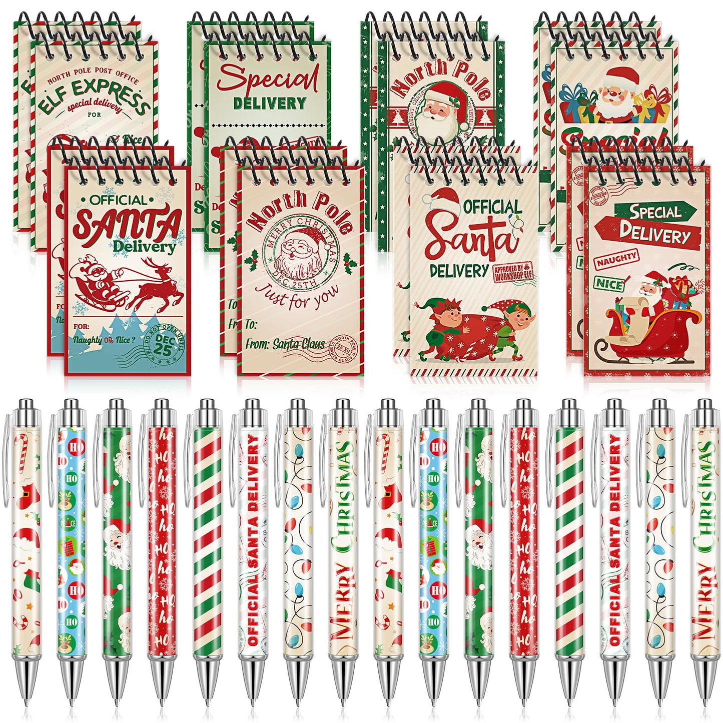 Zhanmai 32 Pcs Christmas Mini Notepads with Pens Set North Pole Spiral Notepads Official Santa Delivery Pens Xmas Memo Notebooks Ballpoint Pen for Kids Xmas Holiday Party(Classic Color)