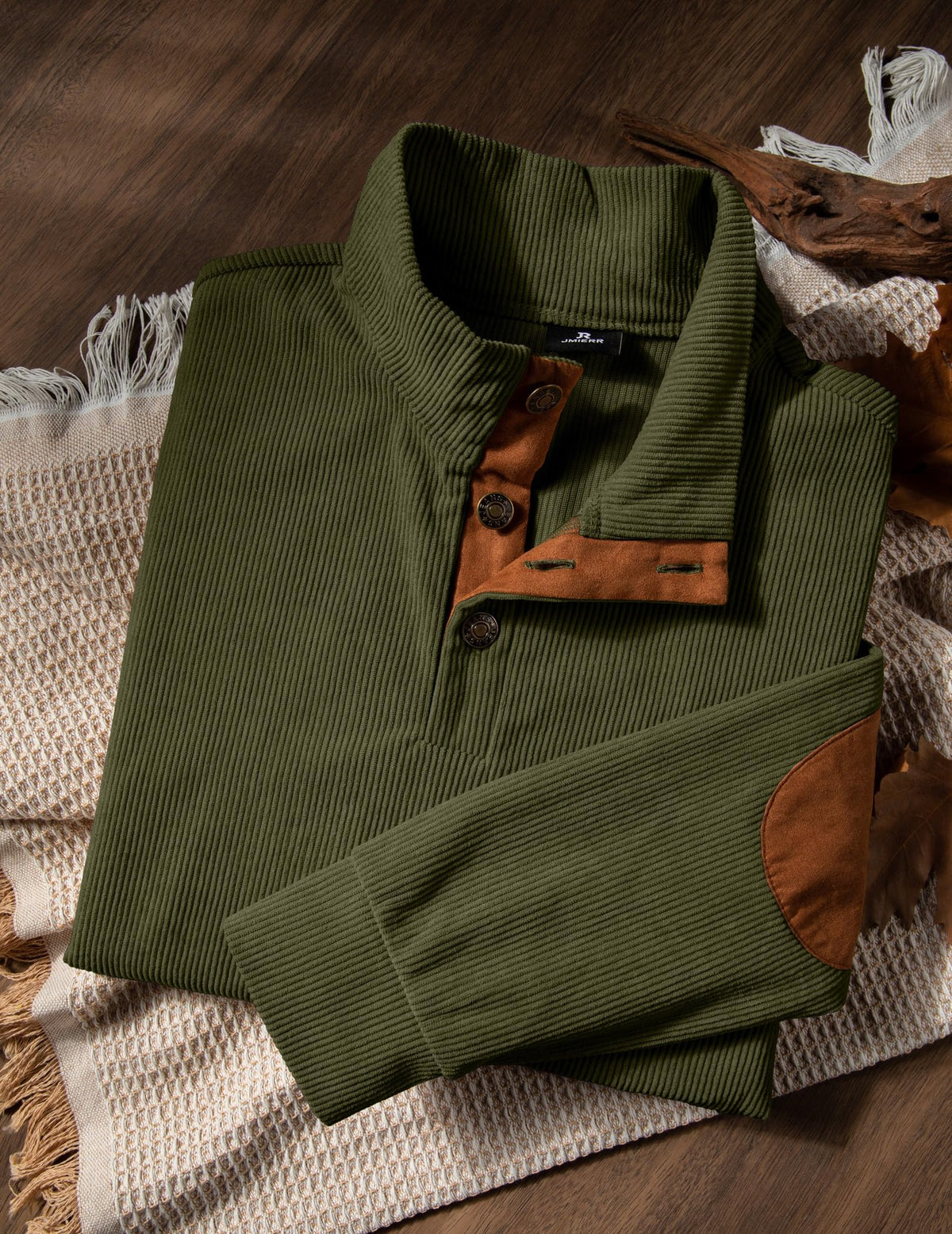 JMIERR Men's Corduroy Sweatshirt Quarter Button Pullover, Green, XL