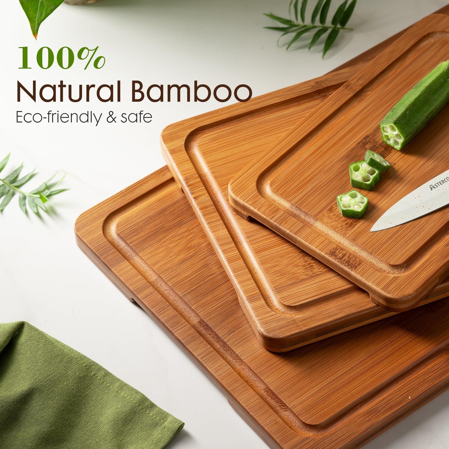 Astercook Deep-Carbonized Bamboo Cutting Boards for Kitchen with Wood Storage Stand,