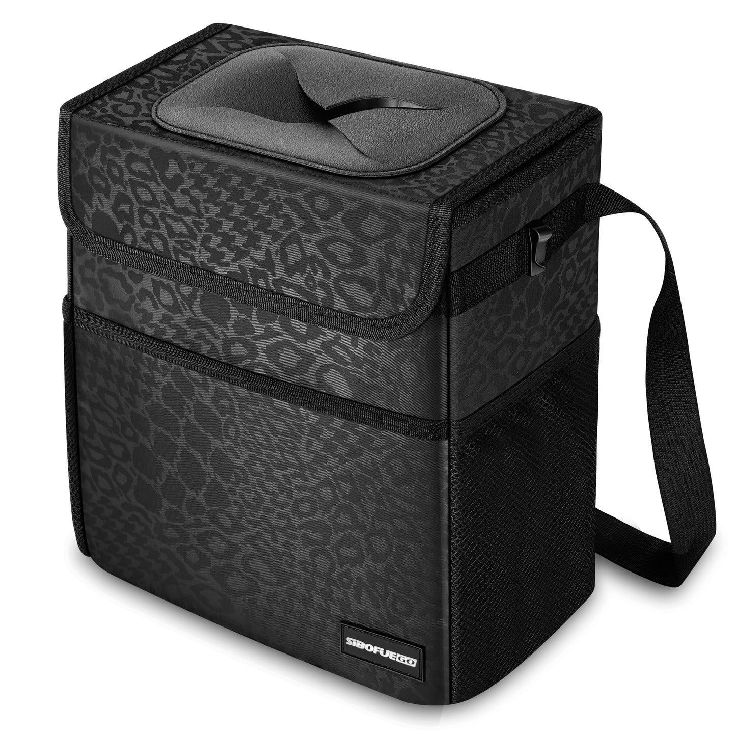 SIBOFUEGO Cute Car Trash Can with Lid – Multipurpose Collapsible Trash Bin for Car, Leak-Proof Organizer, Waterproof Garbage Can with Storage Pockets & Adjustable Straps, 2 Gallons (Black Leopard)