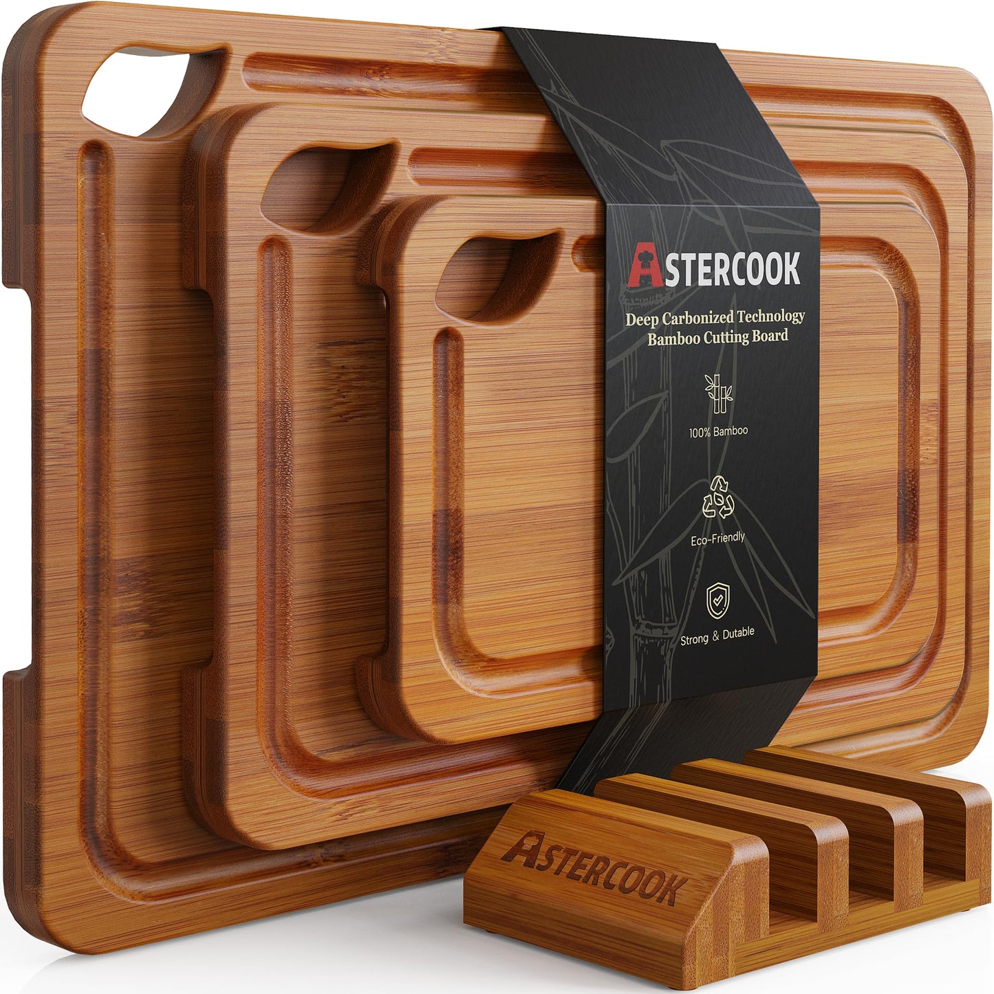 Astercook Deep-Carbonized Bamboo Cutting Boards for Kitchen with Wood Storage Stand,
